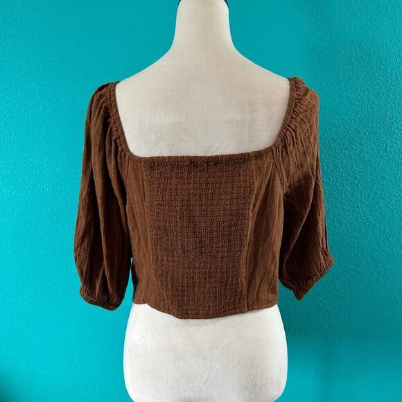 NWT American Eagle Brown Cropped Puff-Sleeve Smocked Blouse Top Size L - Picture 4 of 5